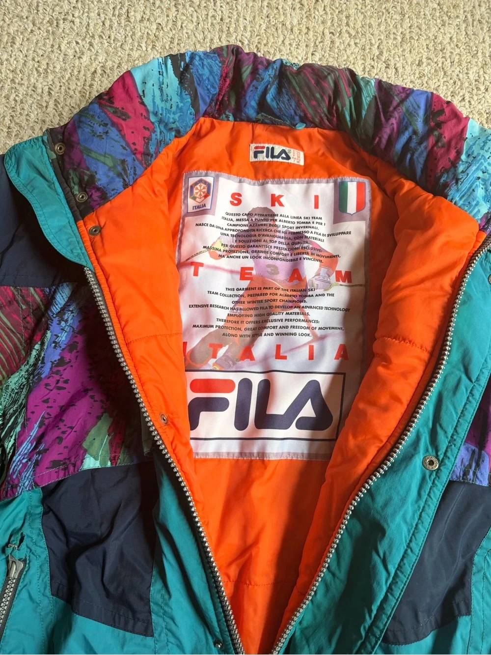 Vintage Fila Ski Team Italia Jacket Mens 42 Large 90s Retro Colorblock Puffer